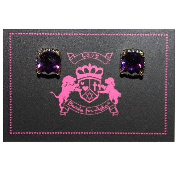 10mm Checker Cut Two Tone Throne Room Dark Purple Amethyst CZ Earrings - Picture 2 of 3